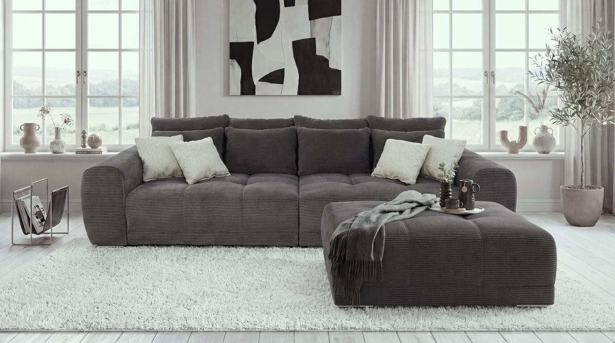 BIG-SOFA Federkern B306/T134/H86 cm, Liegefläche 120x240 cm, Cord Dunkelgrau / 15171 - Chromfarben/Dunkelgrau, Textil/Metall (306/86/134cm) - luma-home