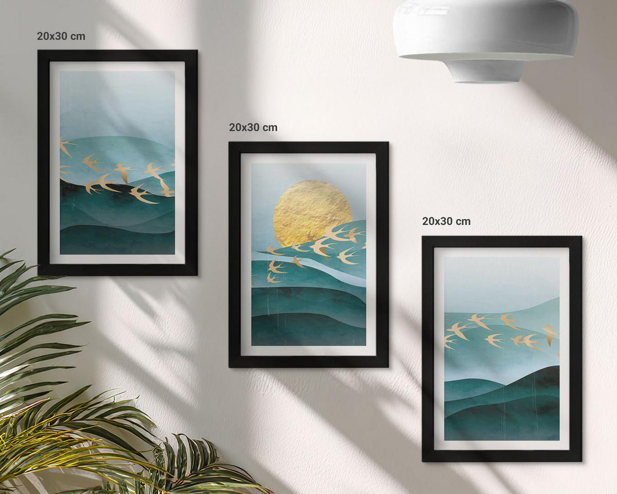 BILDER SET 3er Set - 20x30 cm Schwarzer Rahmen - Abstrakte Sonnenuntergangslandschaften - Schwarz, Kunststoff (20/30cm) - TULUP