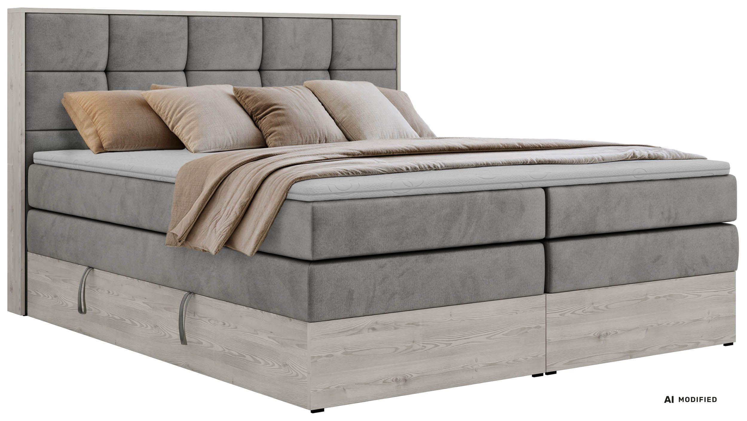 BOXSPRINGBETT ALNOR KING 160/200 - Hellgrau Velvet - Topper T25 - H3 - Hellgrau/Schwarz, Kunststoff/Textil (160/200cm) - MKS