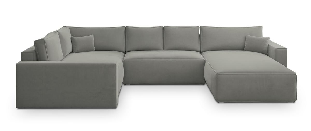 WOHNLANDSCHAFT VELAMI L-S Hellgrau Velours-Stoff mit Schlaffunktion - Hellgrau, Holz (365/83/194cm) - MASSENO