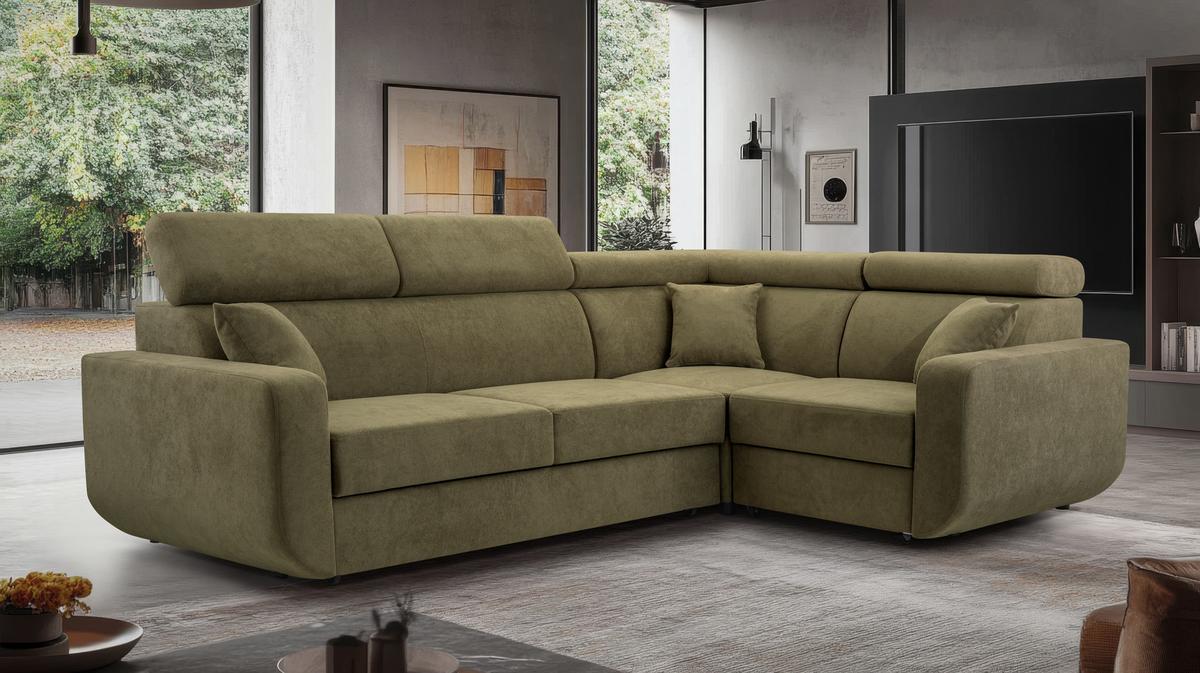 ECKSOFA RENO Grün Plüsch-Stoff mit Schlaffunktion - Grün, Holz (263/184cm) - MASSENO