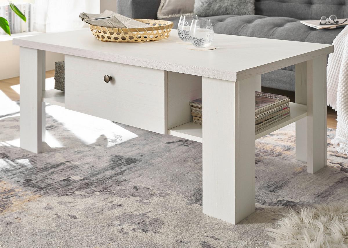 COUCHTISCH weiß Pinie Landhaus, Beistelltisch 107 x 67 cm, Soft-Close-Funktion - Weiß/Pinienfarben, Holzwerkstoff/Metall (110/70/45cm) - Furn.Design