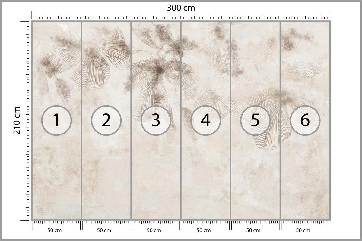 FOTOTAPETE für Wohnzimmer Boho Blumen auf Beton Natur Vintage 300x210 - Beige/Braun, Papier (300/210cm) - Muralo