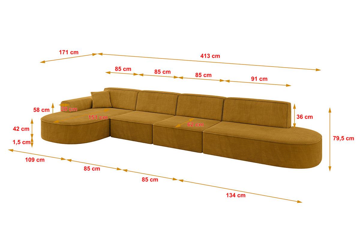 ECKSOFA Ottomane Links MARI-L3 - 413x171x79 cm Senfgelb Cord - Gelb/Schwarz, Holzwerkstoff/Kunststoff (165/406cm) - ALTDECOR