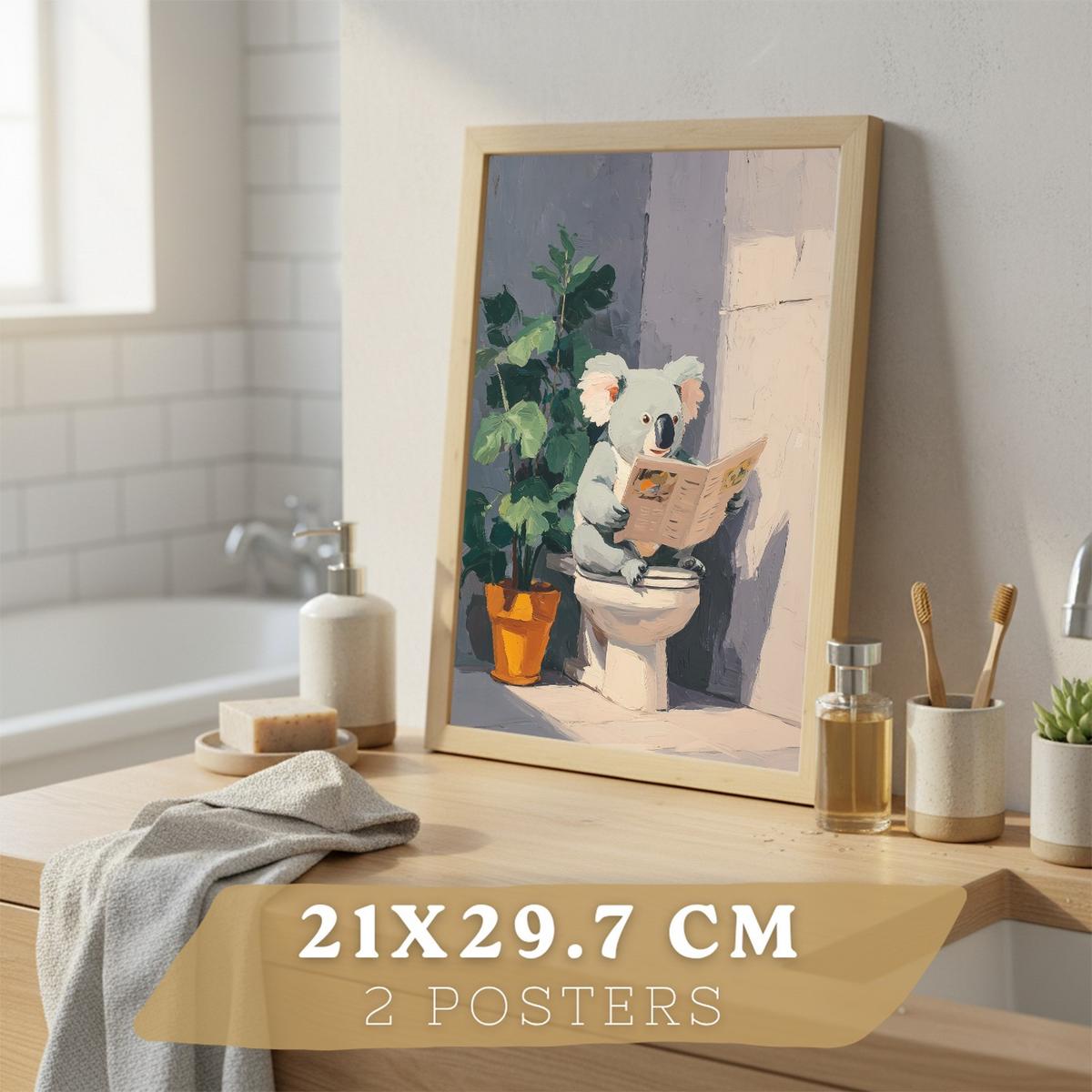 POSTER 2er-Set dekorative Badezimmer-Kunstdrucke und lustige für Wand, Toilette mit lesenden Tieren im Badezimmer, Stil Leichter Holzrahmen A4 - Beige, Papier (29.7/21/3cm) - Nacnic