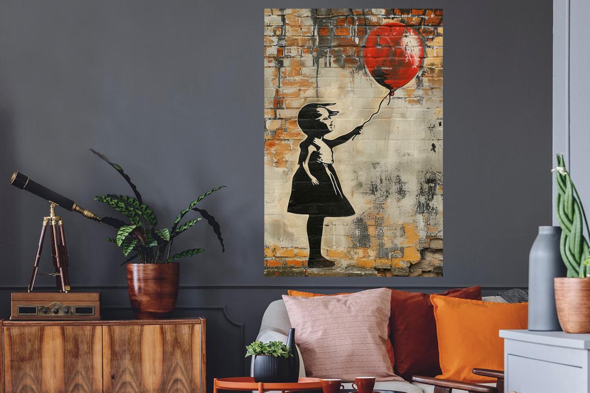 WANDTATTOO Graffiti - Banksy - Mädchen - Straßenkunst 80x120 cm - Sandfarben, Kunststoff (80/120/0.1cm) - MuchoWow