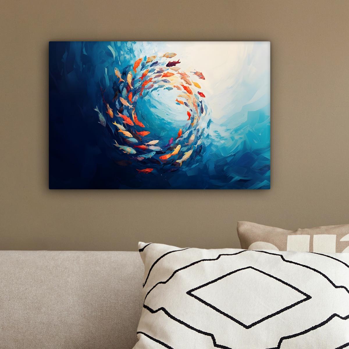 LEINWANDBILD Meer - Fische - Bunt - Dynamisch Deko Schlafzimmer 30x20 cm - Hellblau, Textil (30/20cm) - MuchoWow
