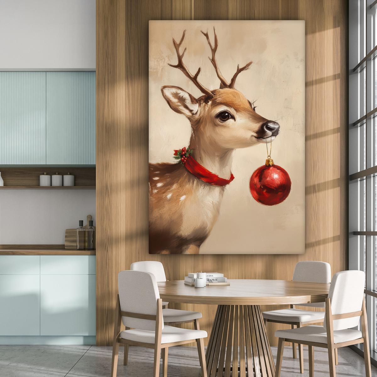 LEINWANDBILD Weihnachten - Hirsch - Geweih - Weihnachtskugel - Rentier Deko Groß 90x140 cm - Hellbraun, Textil (90/140cm) - MuchoWow