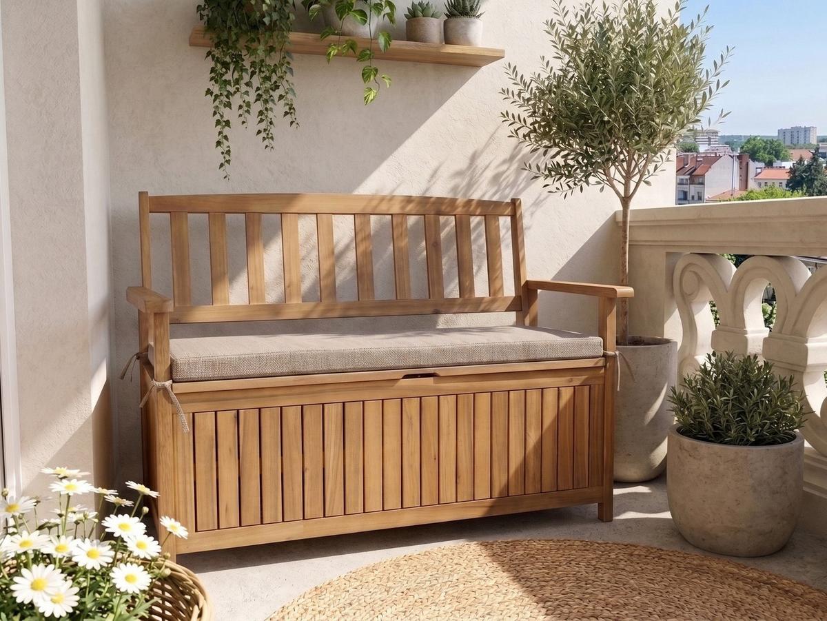 GARTENBANK mit Auflage 120 cm mit Stauraum Akazienholz Beige Sovana - Beige/Braun, Holz (120/91/60cm) - Beliani