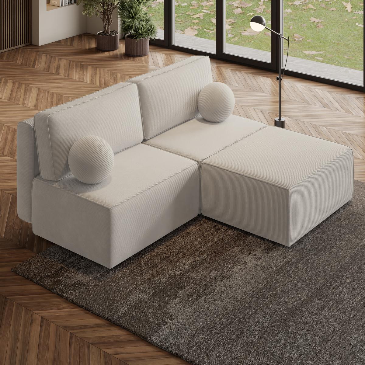 ECKSOFA VARNA P Creme Kordstoff mit Schlaffunktion - Creme/Grau, Holz/Kunststoff (196/158cm) - MASSENO