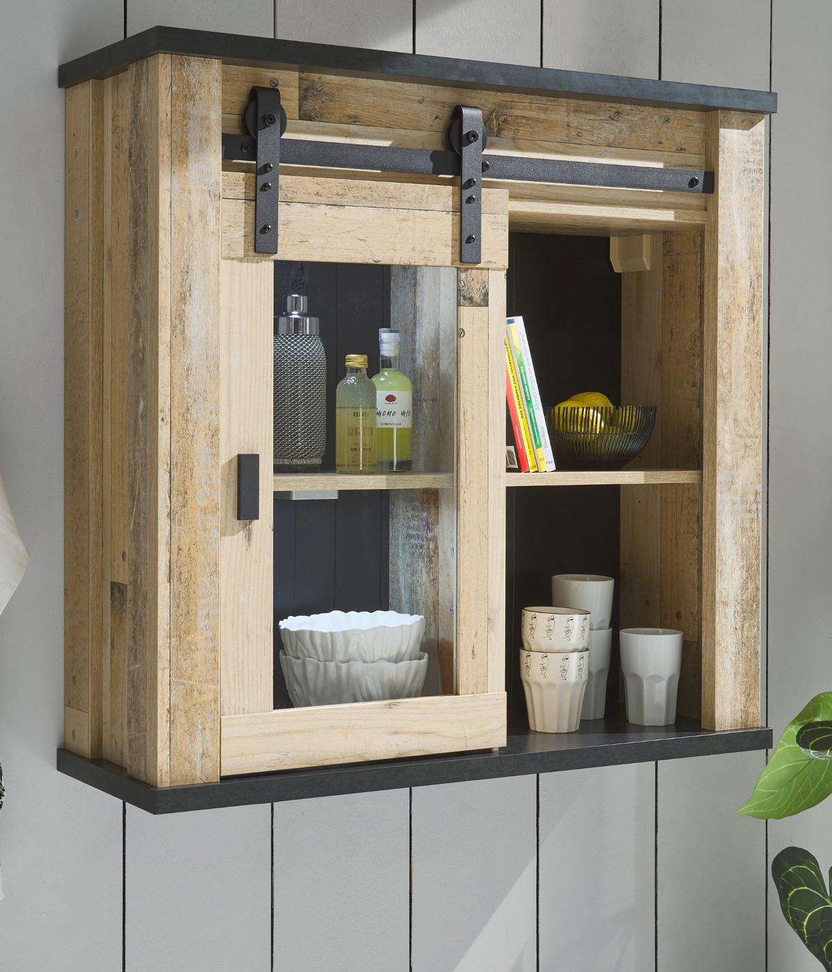 KÜCHENBLOCK in Used Wood Vintage 200 cm, Küchenschrank Set 3-teilig, mit Schiebetüren und Soft-Close - Anthrazit/Schwarz, Glas/Holzwerkstoff (200/200/64cm) - Furn.Design