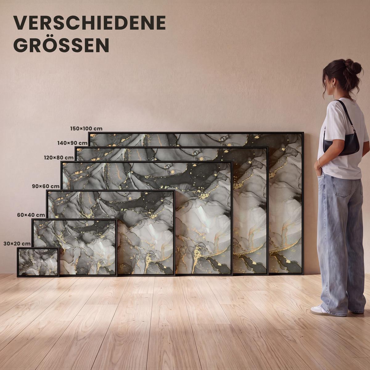LEINWAND Bilder mit Rahmen - Grau - Luxus - Gold - Marmor - 120x80 - Dunkelgrau, Textil (120/80cm) - MuchoWow