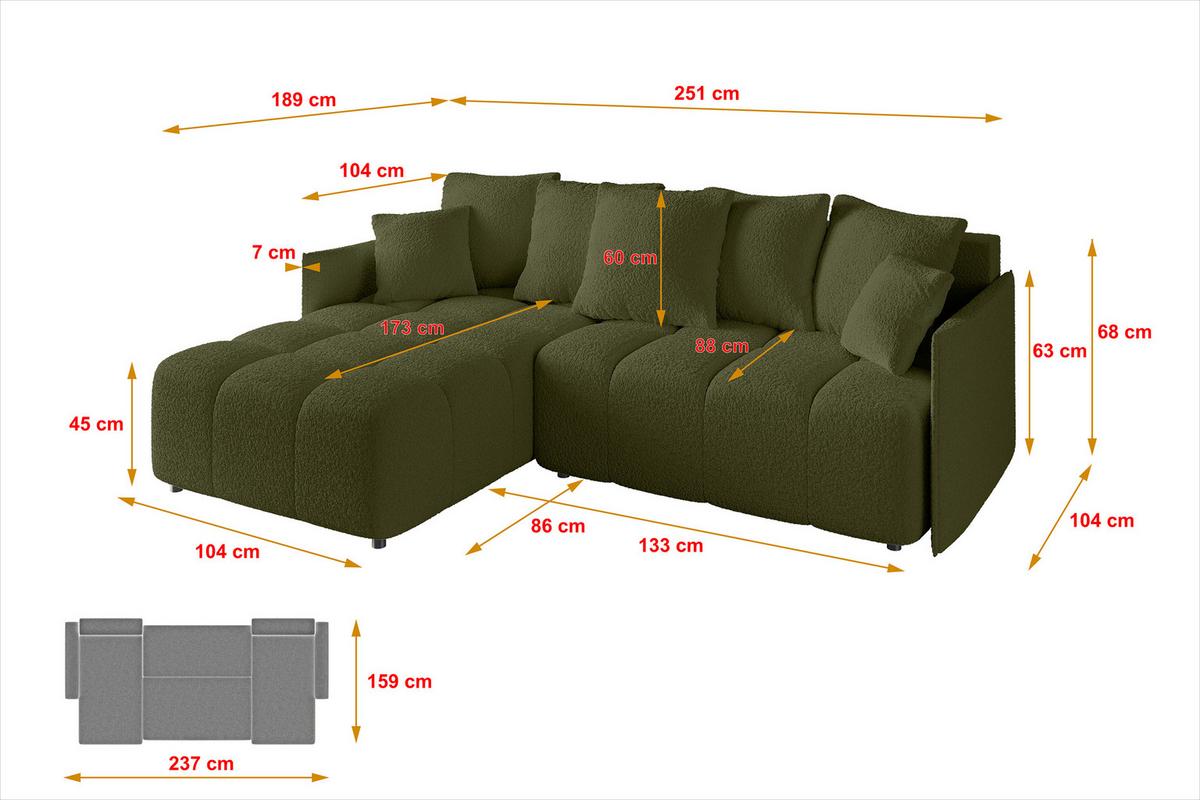 ECKSOFA Ottomane links LONLI-L 251x189x68 Olivgrün Bouclé - Olivgrün, Holzwerkstoff/Kunststoff (251/189cm) - ALTDECOR