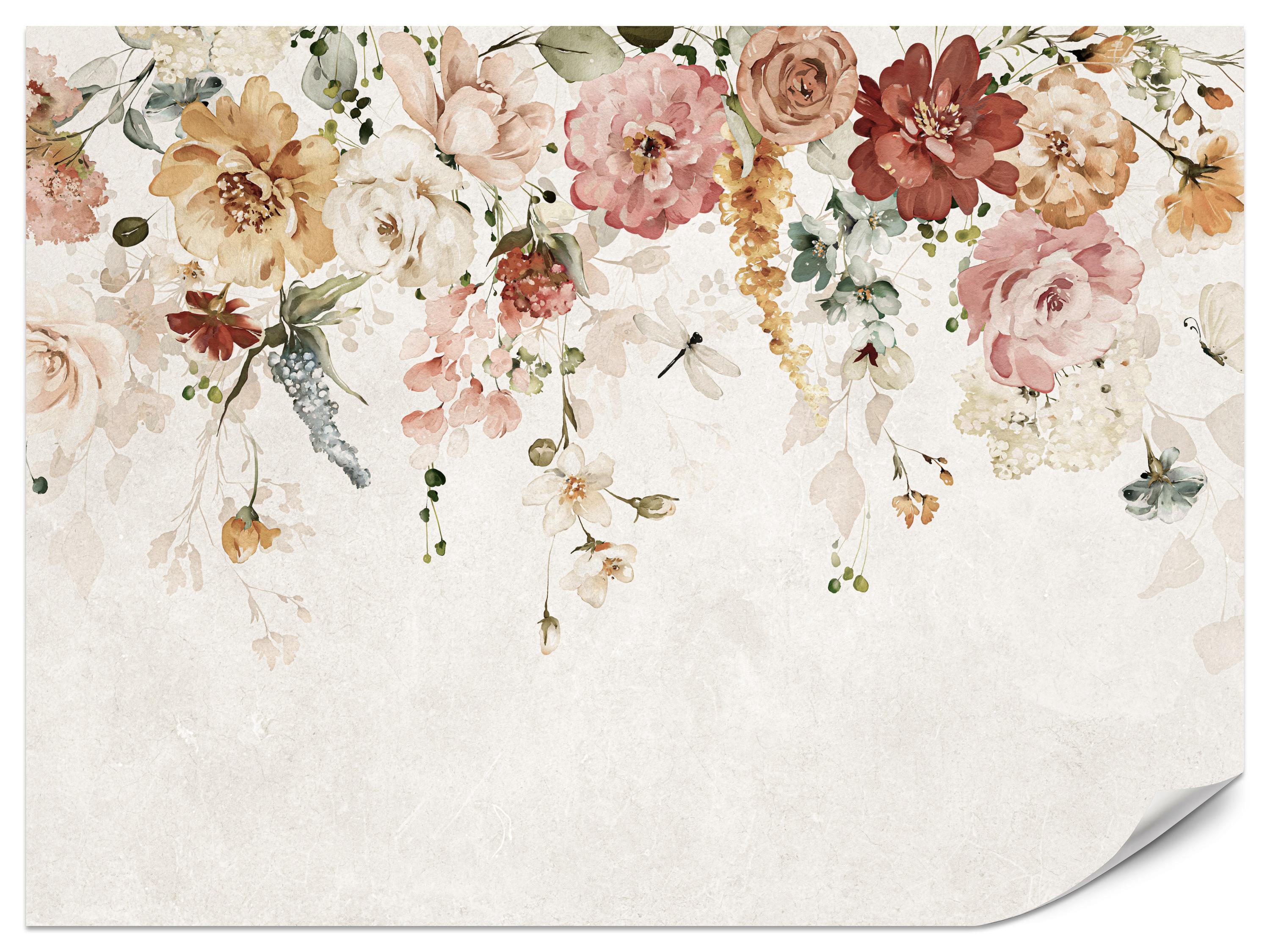 FOTOTAPETE für Esszimmer Aquarellblumen Blätter Pflanzen Pfingstrosen Rosen 450x315 - Multicolor, Papier (450/315cm) - Muralo