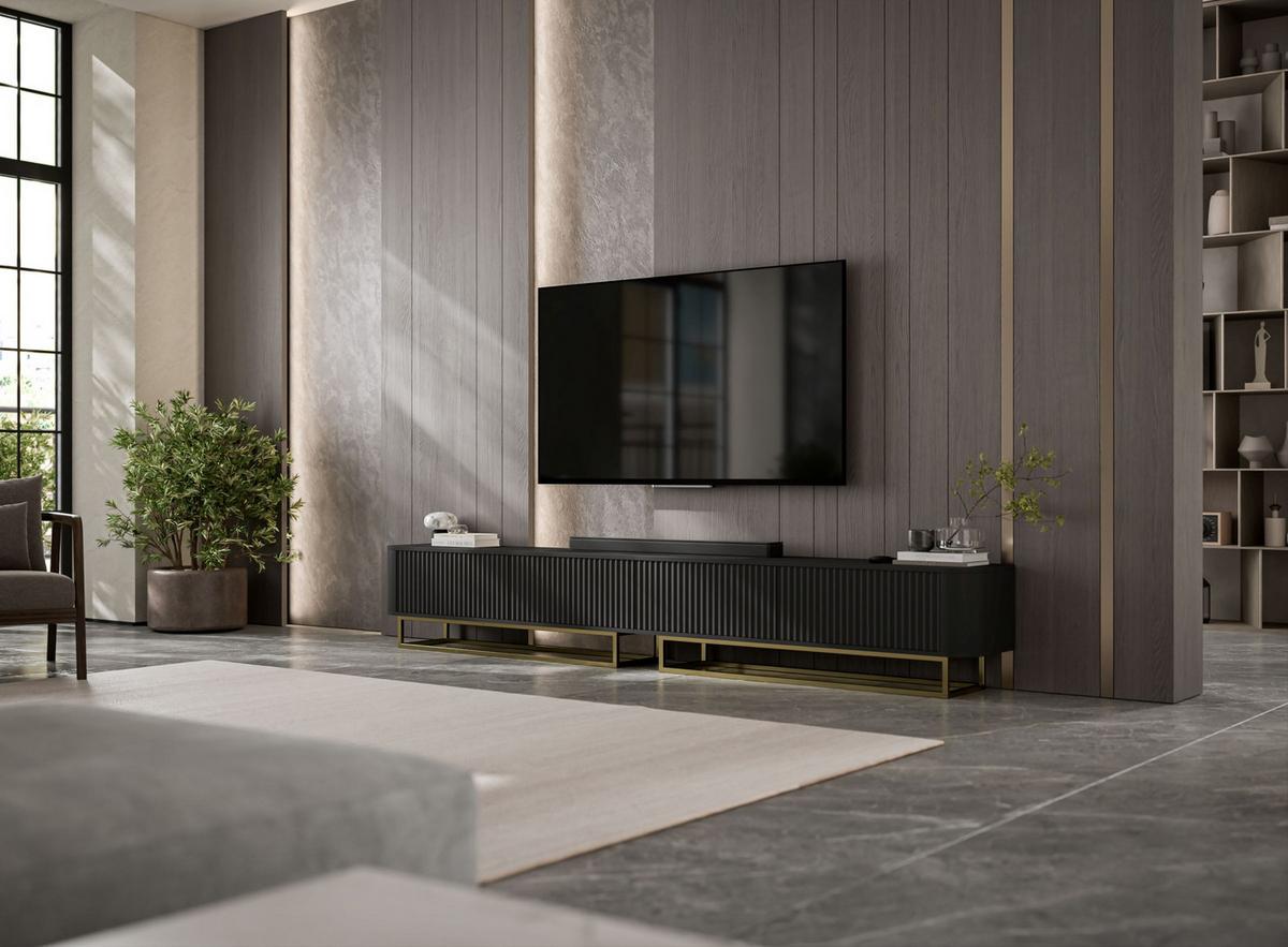 TV-LOWBOARD 2er-Set Aurora Schwarz matt 280 cm mit Metallrahmen - Goldfarben/Schwarz, Holzwerkstoff/Metall (280/44/35cm) - Meble Lindner