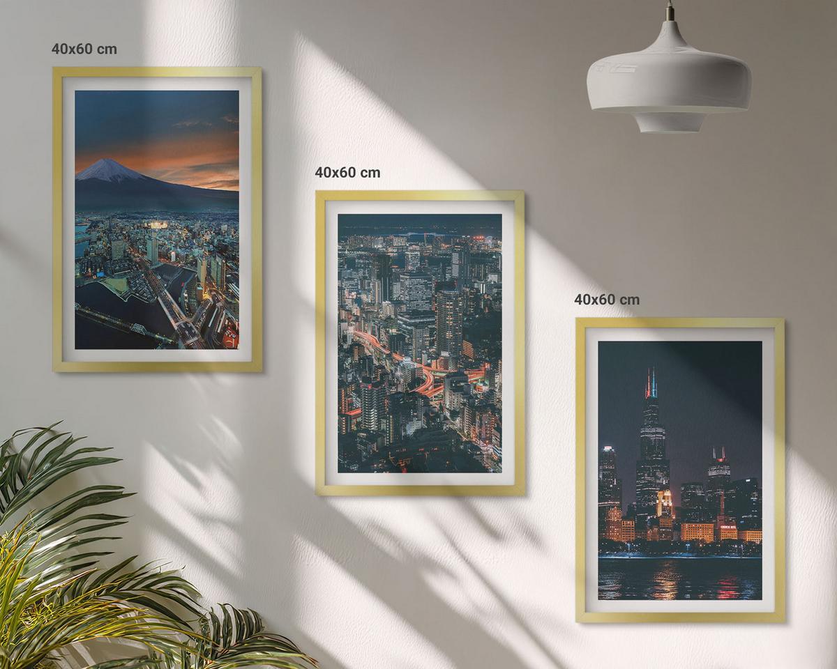 BILDER SET 3er Set - 40x60 cm Goldrahmen - Bergpanorama der Stadt bei Nacht - Goldfarben, Kunststoff (40/60cm) - TULUP
