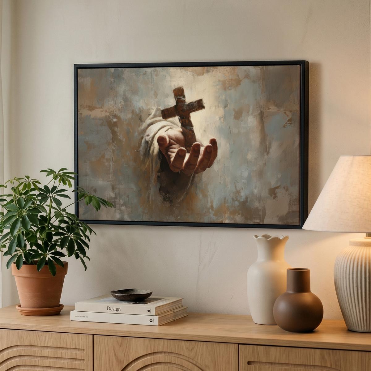 LEINWAND Bilder mit Rahmen - Abstrakt - Kreuz - Hand - Christentum - 60x40 - Hellbraun, Textil (60/40cm) - MuchoWow