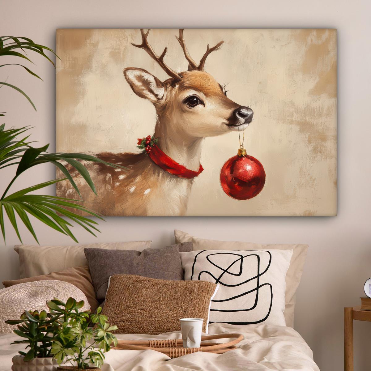 LEINWANDBILD Weihnachten - Hirsch - Geweih - Weihnachtskugel - Rentier Wohnzimmer Groß 120x80 cm - Hellbraun, Textil (120/80cm) - MuchoWow