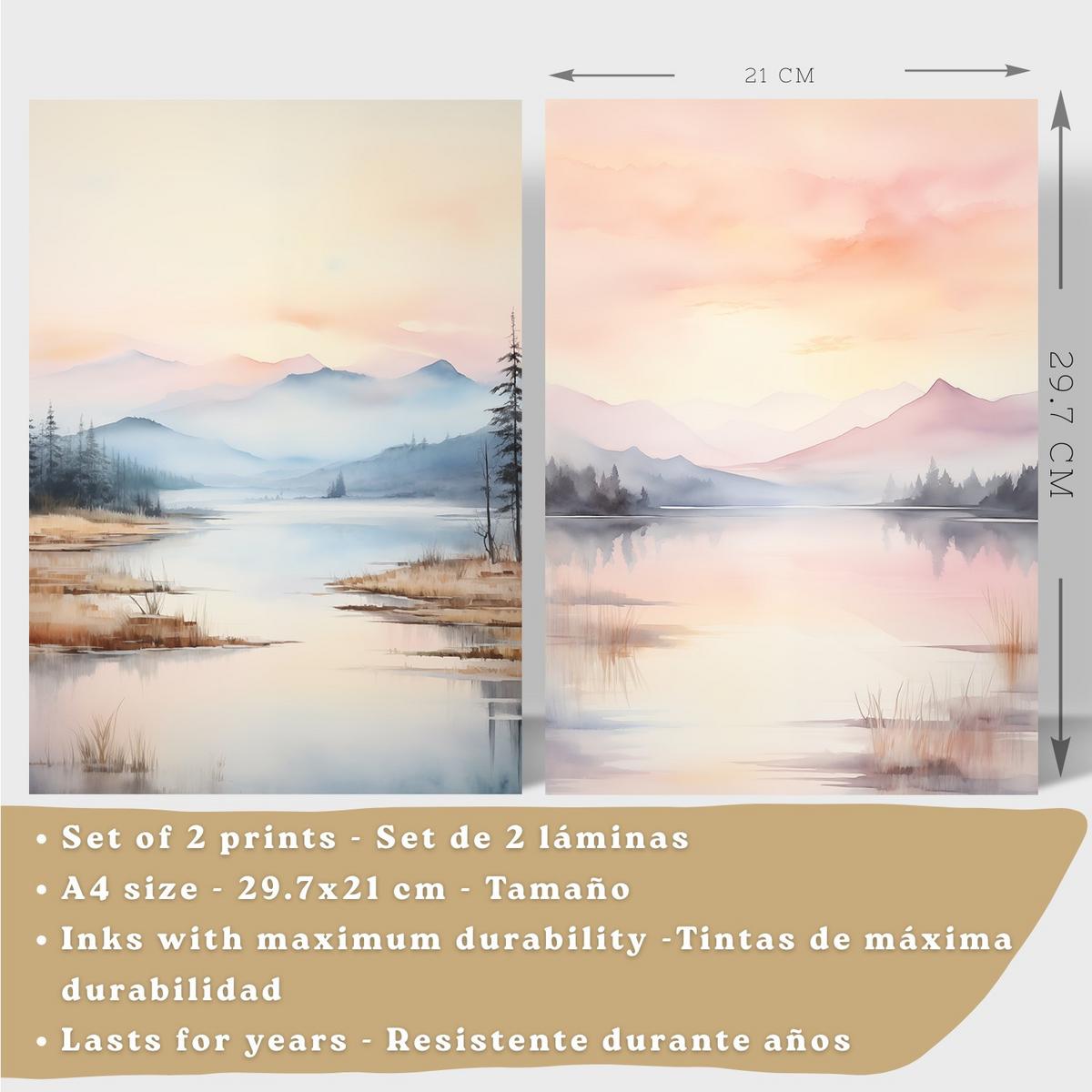 POSTER 2er-Set Wandbilder Sonnenuntergang modern Wohnzimmer Deko, Schlafzimmer, Küche, Badezimmer Rahmenlos A4 - Beige, Papier (29.7/1/21cm) - Nacnic