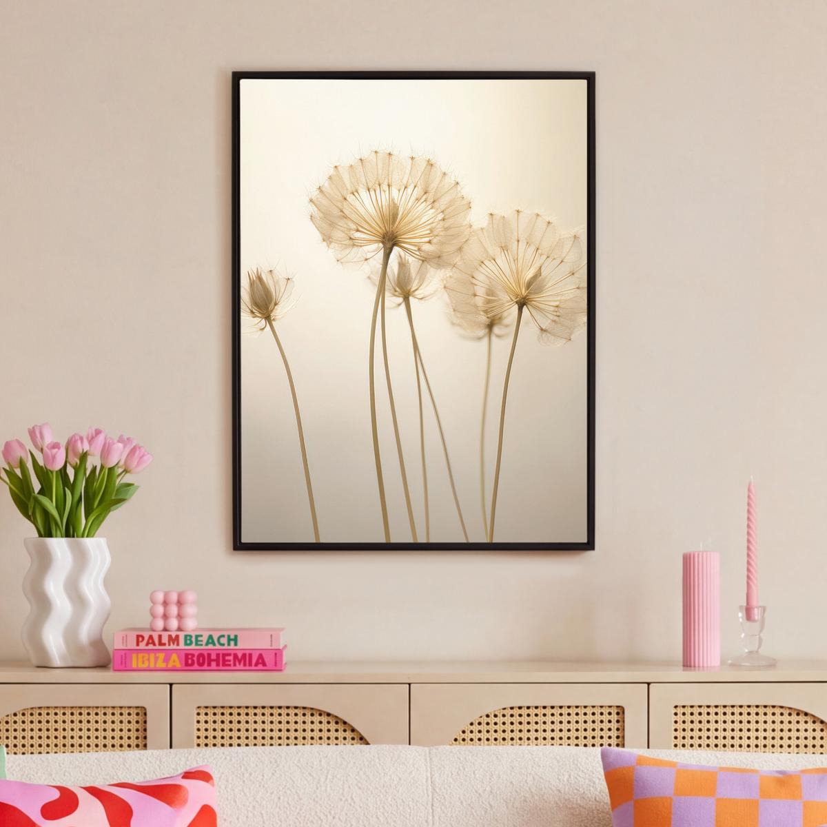 LEINWAND Bilder mit Rahmen - Sonnenlicht - Löwenzahn - Botanisch - Blumen - 70x100 - Creme, Textil (70/100cm) - MuchoWow