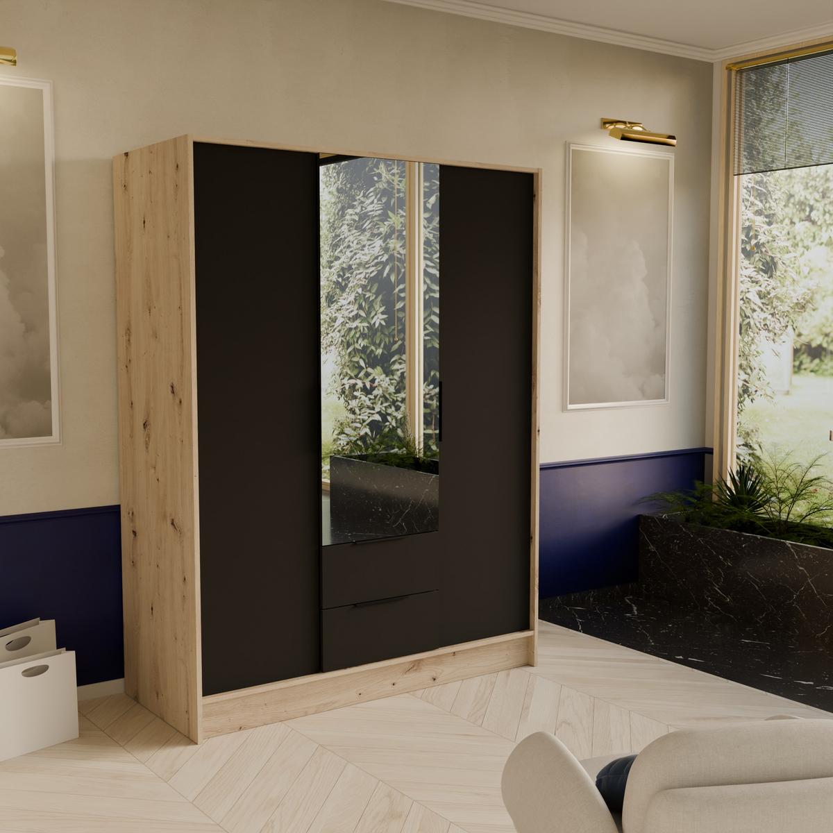 DREHTÜRENSCHRANK CAVA 150,5/200/51 cm Modern Kleiderschrank 3-türig mit Spiegel Eiche Artisan - Schwarz/Eiche Artisan, Holzwerkstoff (150.5/200/51cm) - MASSENO