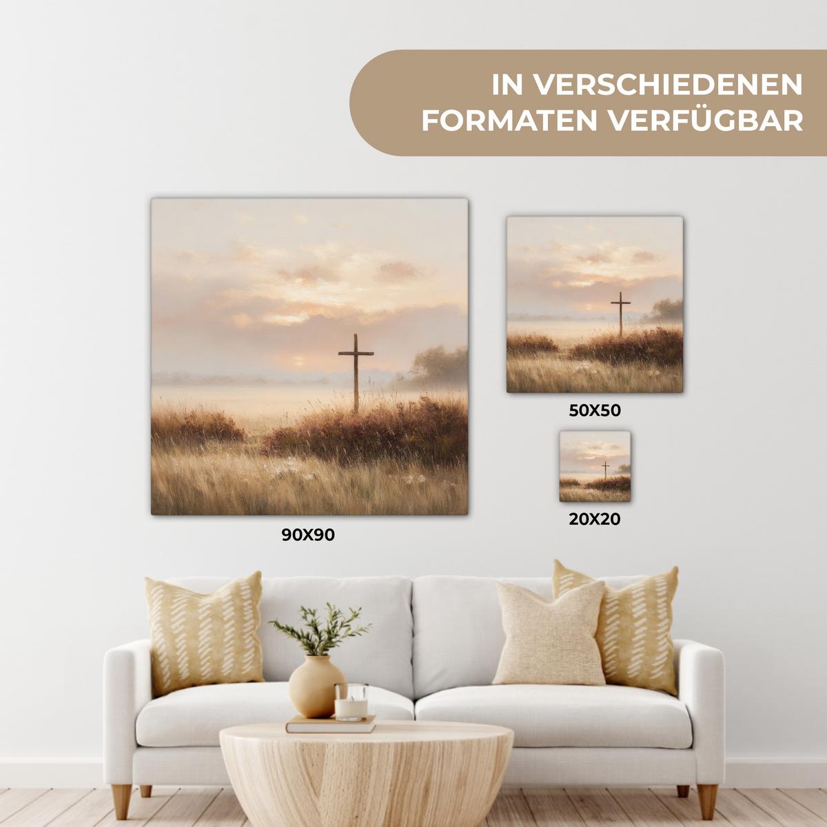 LEINWANDBILD Gras - Morgennebel - Kreuz - Christentum Deko Wohnzimmer 20x20 cm - Beige, Textil (20/20cm) - MuchoWow