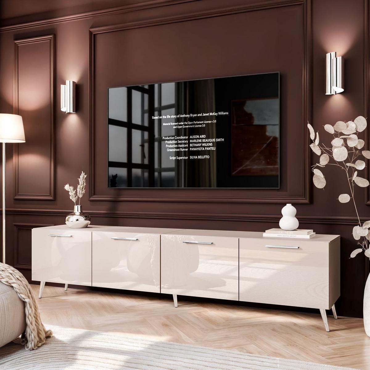 TV-ELEMENT AURA 200 KASCHMIR Hochglanz auf schrägen silbernen Beinen + LED - Kaschmir, Holzwerkstoff (200/49/40cm) - Lookway