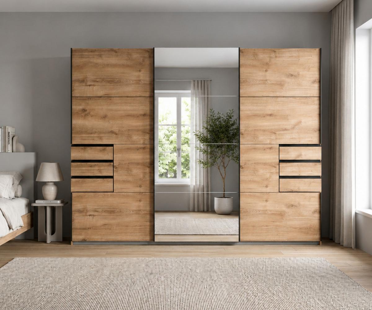 SCHWEBETÜRENSCHRANK 3-türig B270/H208/64 cm, Eiche Dekor, eine Spiegeltür, Kleiderschrank mit Schubladen & Vollausstattung / 22612 - Eichefarben/Schwarz, Holzwerkstoff/Metall (270/208/64cm) - luma-home