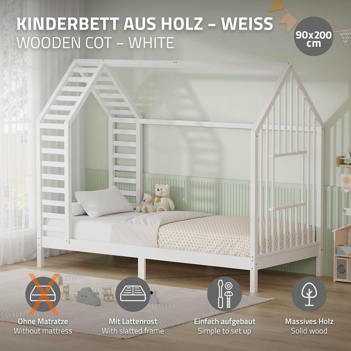 KINDERBETT 90x200 cm mit Lattenrost Dach und Fenster Hausbett aus massivem Kiefernholz Weiß - Weiß, Holz (90/200cm) - ML-DESIGN
