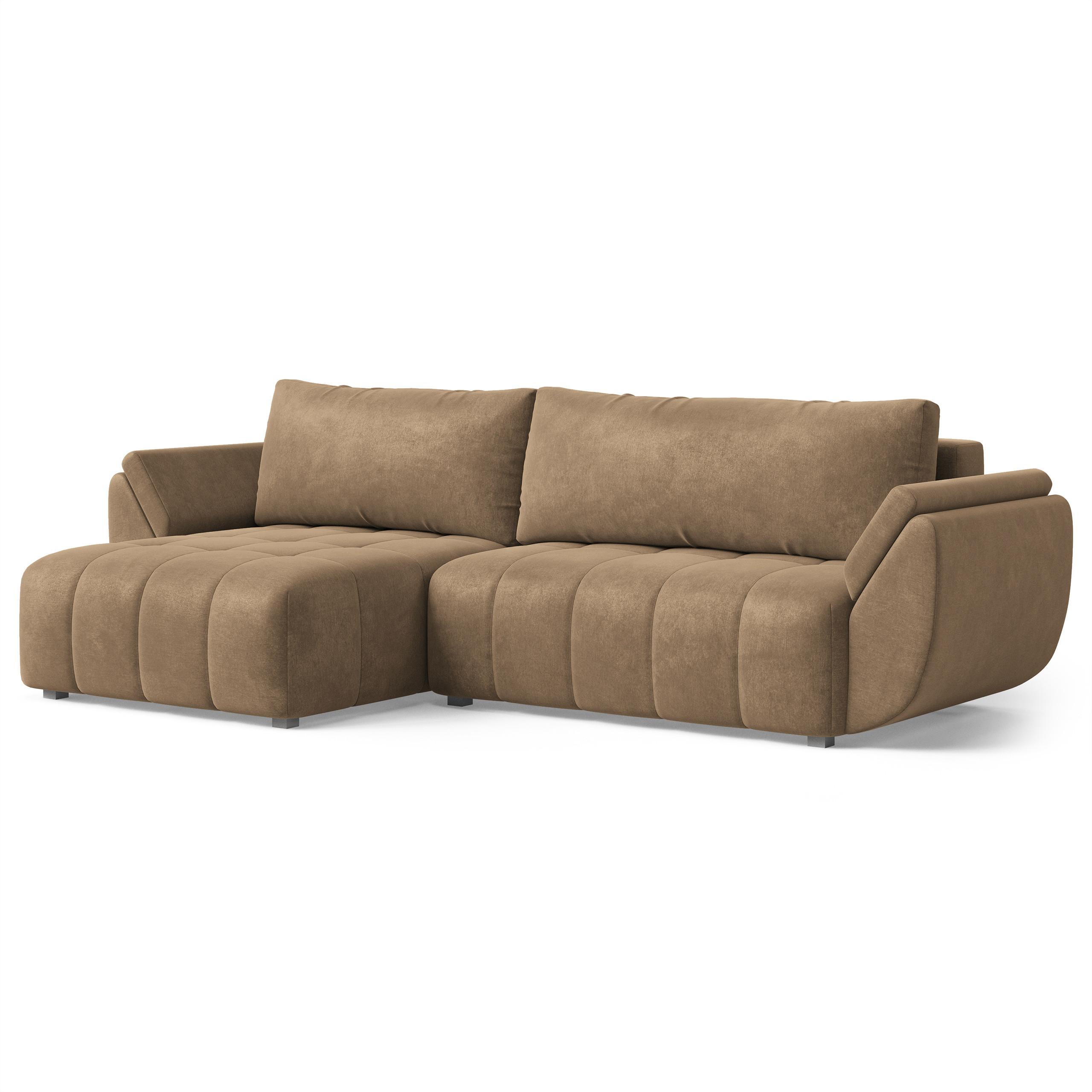 ECKSOFA OLSI Beige Velours-Stoff mit Schlaffunktion - Beige, Holz (285/148cm) - MASSENO