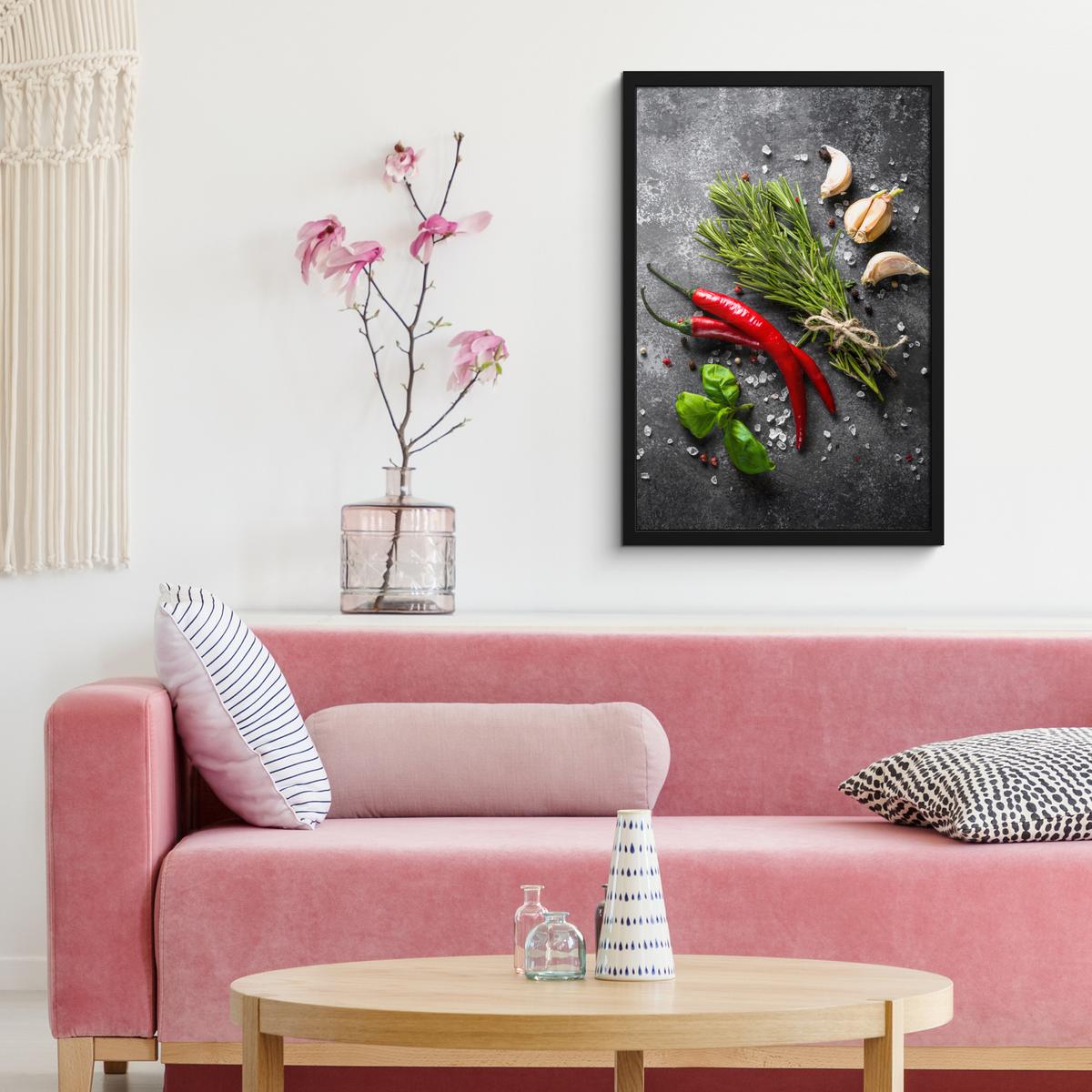 POSTER MIT RAHMEN Pfeffer - Kräuter - Gewürze - Beton Bilder mit Rahmen 40x60 cm - Dunkelgrau, Papier (40/60cm) - MuchoWow
