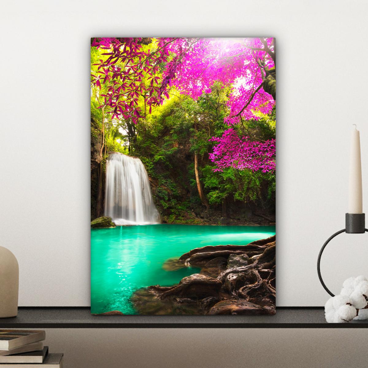 LEINWANDBILD Wasserfall mit bunten Blumen und Bäumen - Natur - Dschungel Deko Wohnzimmer 20x30 cm - Waldgrün, Textil (20/30cm) - MuchoWow