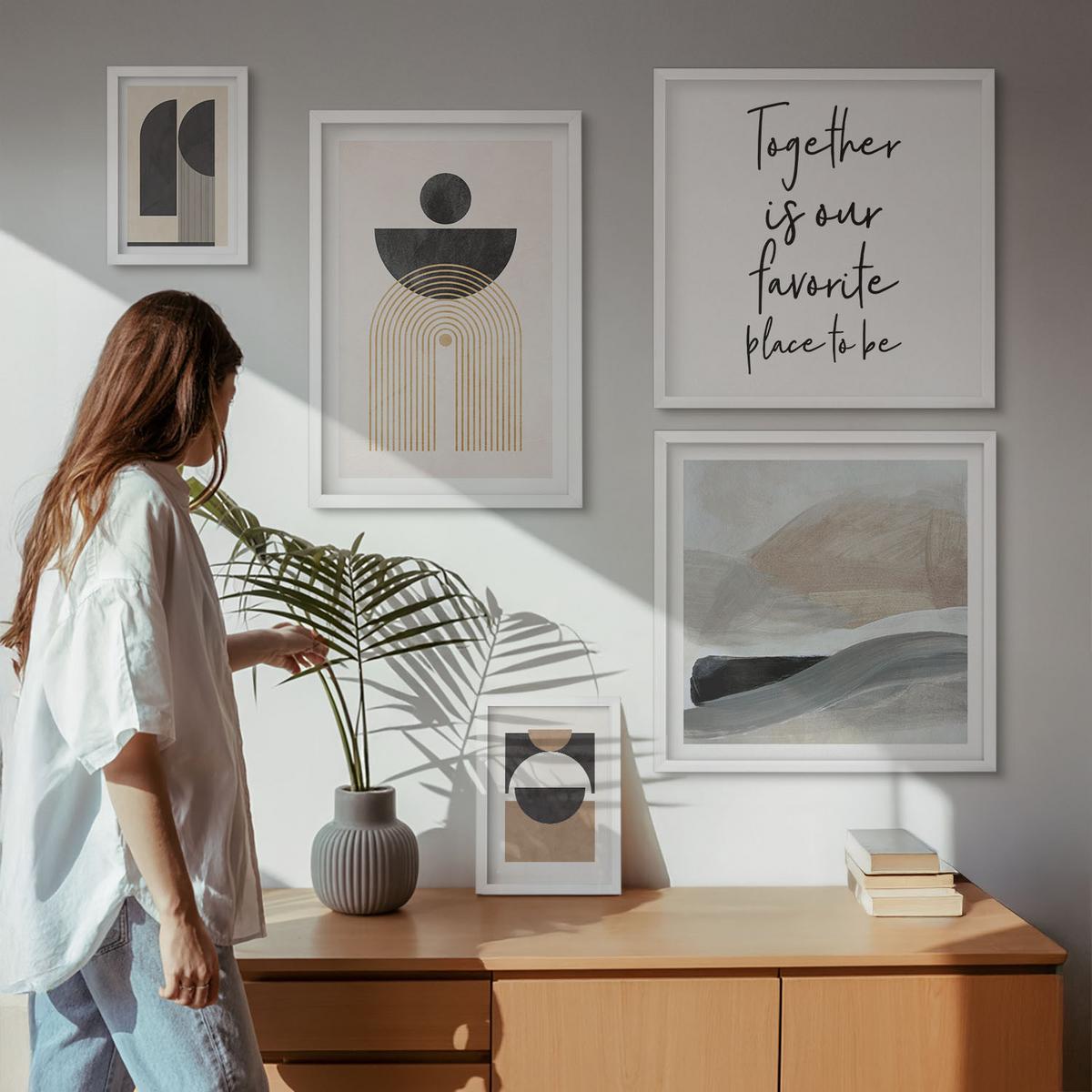 BILDER SET 5er Set - 50x50 cm & 20x30 cm & 40x60 cm Weißer Rahmen - Abstrakte Formen beige braun - Weiß, Kunststoff (40/60cm) - TULUP