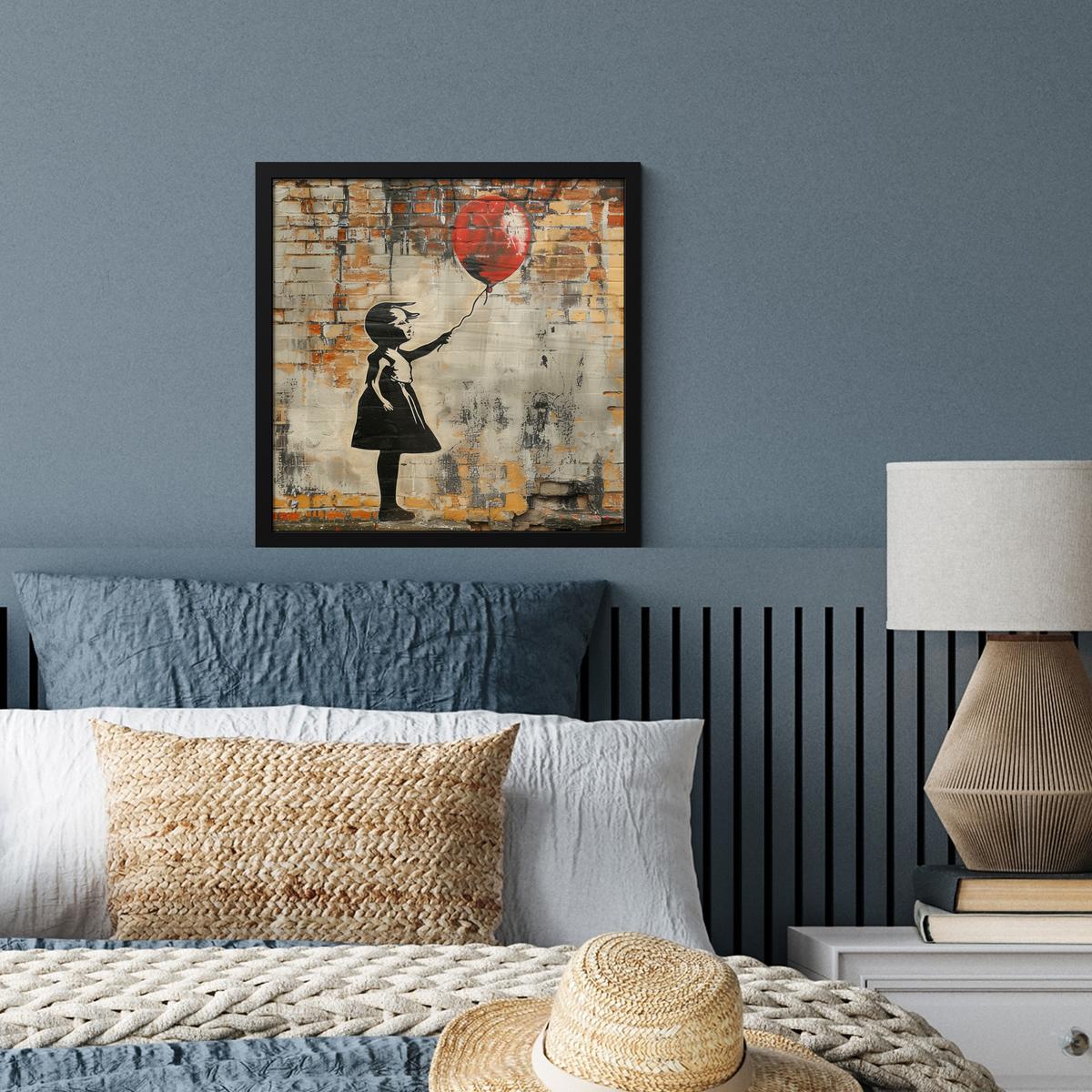 POSTER MIT RAHMENGERAHMTES BILD Graffiti - Banksy - Mädchen - Straßenkunst 40x40 cm - Sandfarben, Papier (40/40cm) - MuchoWow