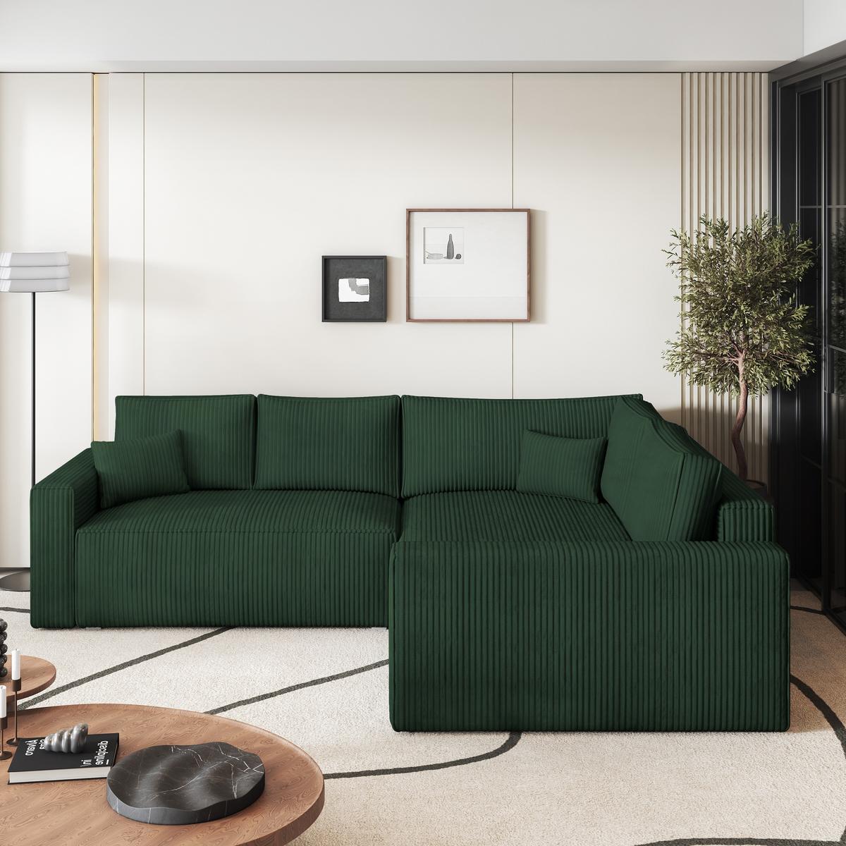 ECKSOFA ERONIS R-S Grün Kordstoff mit Schlaffunktion - Grün, Holz (265/194cm) - MASSENO