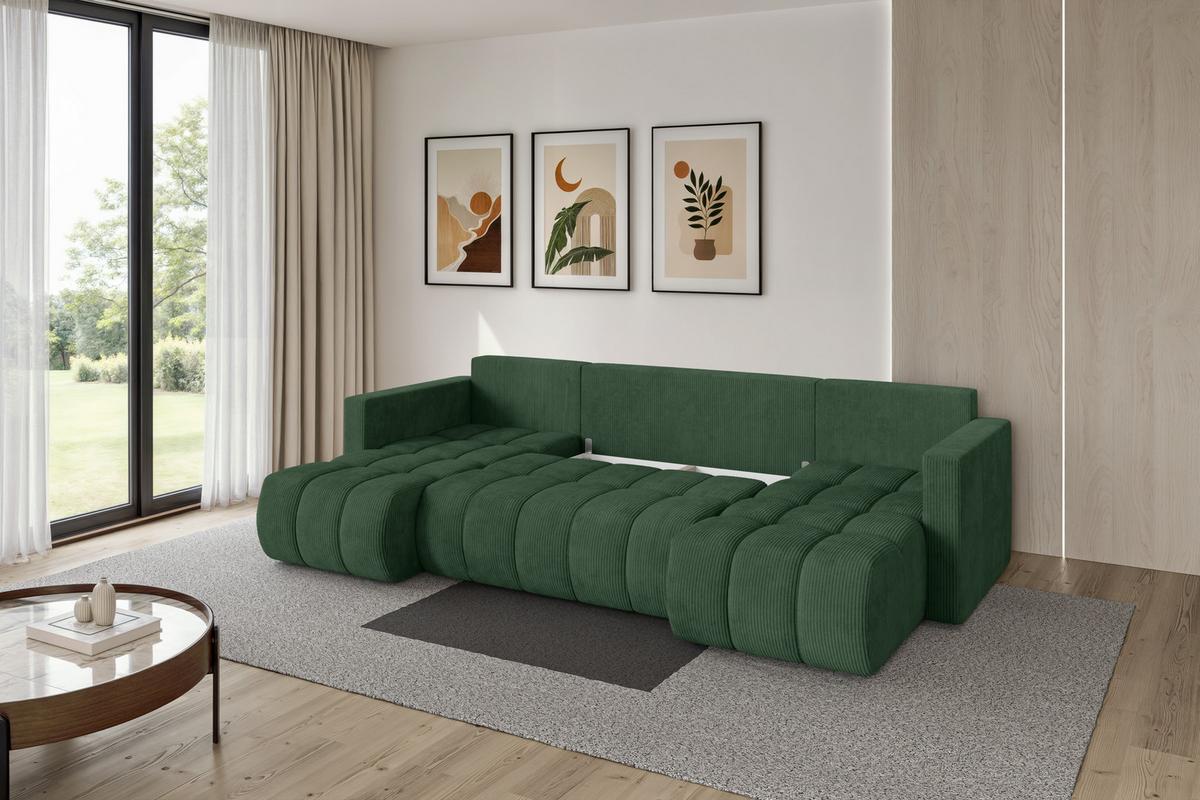 WOHNLANDSCHAFT mit Schlaffunktion und Bettkasten GARD-U 300x146x85 Grün Cord - Dunkelgrün/Schwarz, Holzwerkstoff/Kunststoff (300/85/146cm) - ALTDECOR