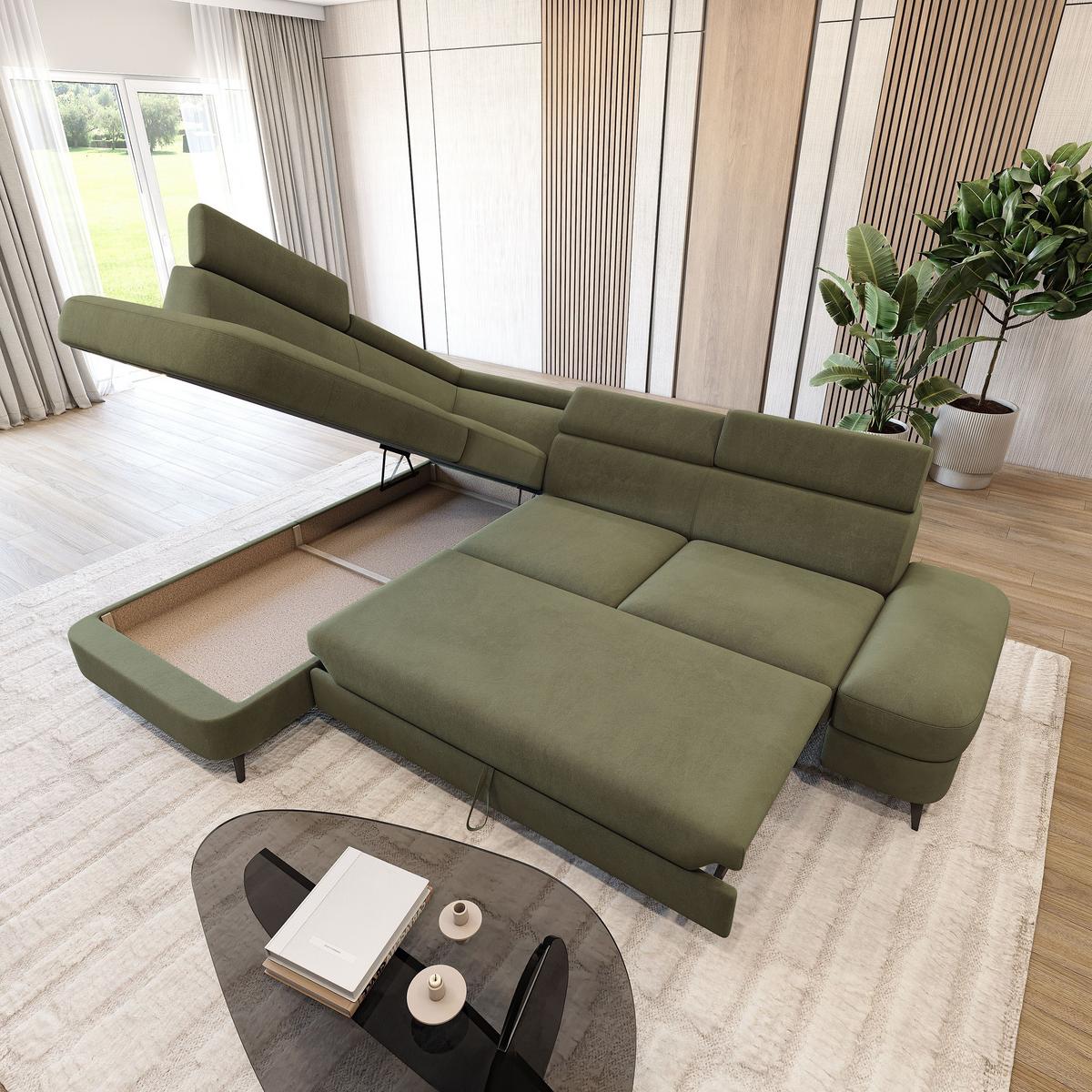 ECKSOFA AVISE MV L-S Grün Velours-Stoff mit Schlaffunktion - Grün, Holzwerkstoff/Textil (268/195cm) - MASSENO