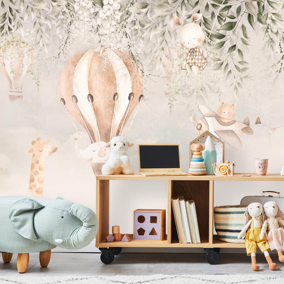 FOTOTAPETE für Kinderzimmer Tiere Wolken Ballons Giraffe Sonne 450x315 - Beige/Braun, Papier (450/315cm) - Muralo