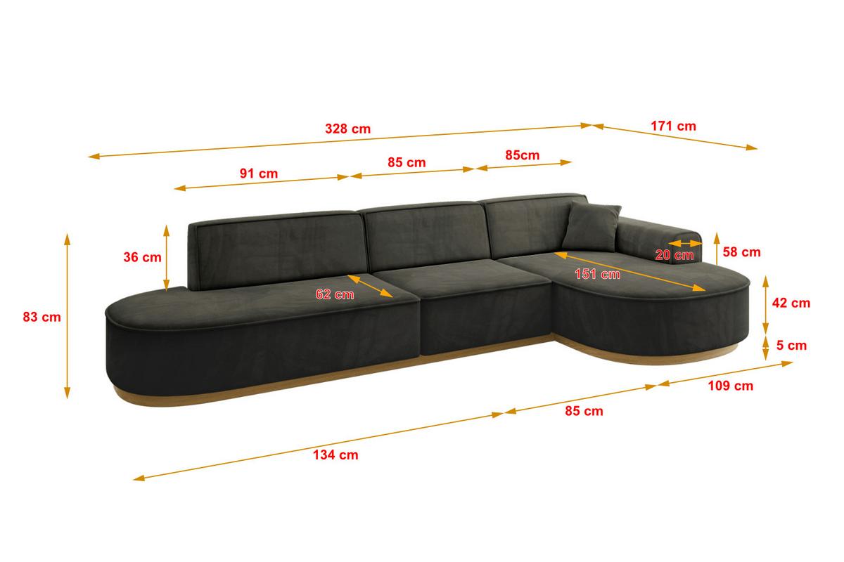 ECKSOFA Ottomane Rechts MARI-L2-v2 - 328x171x83 cm Schwarz Velours - Schwarz, Holzwerkstoff/Textil (171/328cm) - ALTDECOR