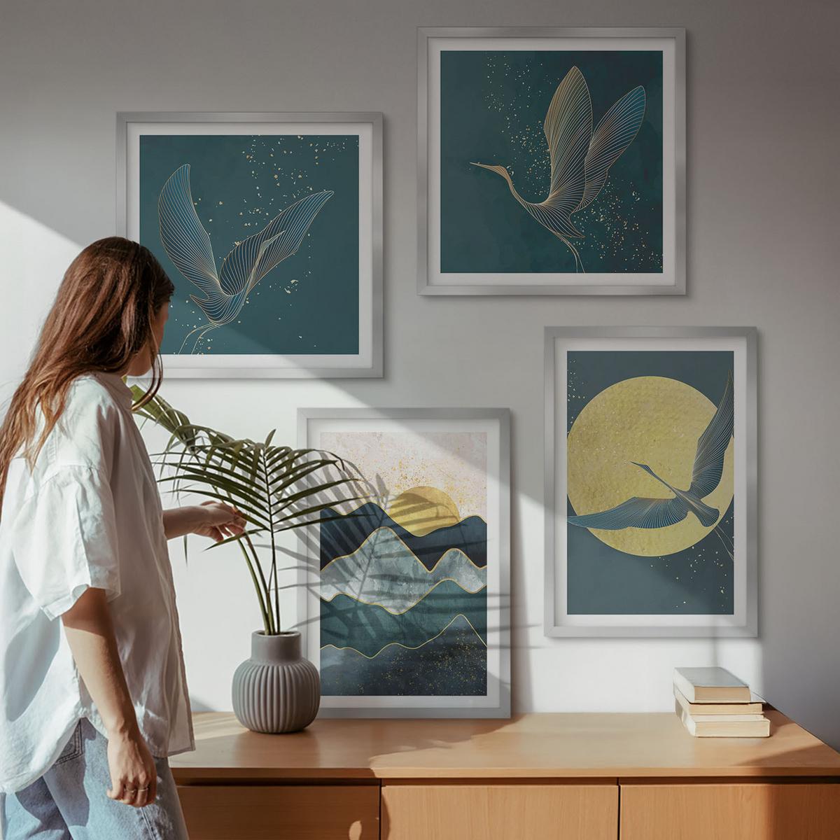 BILDER SET 4er Set - 50x50 cm & 40x60 cm Silberner Rahmen - Vögel, Kraniche, Mond, Berge - Silberfarben, Kunststoff (50/50cm) - TULUP