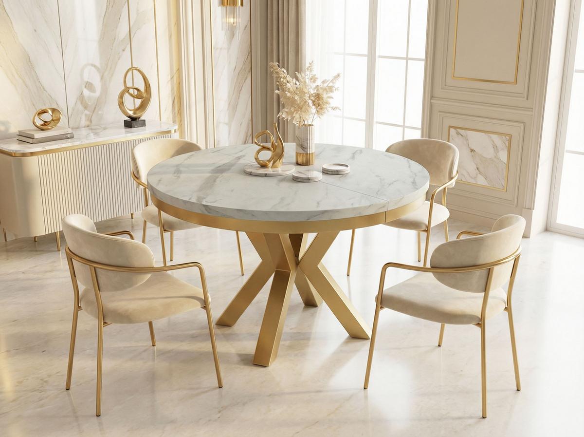 ESSTISCH Clara Gold runder ausziehbarer, Marmor Weiß 100-180/100/76 cm - Ecru/Goldfarben, Holzwerkstoff/Metall (100/176/76cm) - WFL GROUP