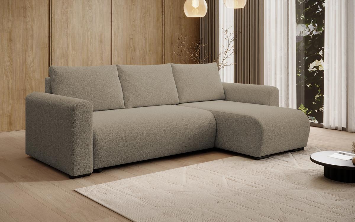 ECKSOFA DORA L, Eckcouch in L-Form mit Schlaffunktion und Bettkasten, Farbe: Hellbraun, Bouclé-Stoff, Ottomane Rechts - Hellbraun, Textil (240/143cm) - Storez24