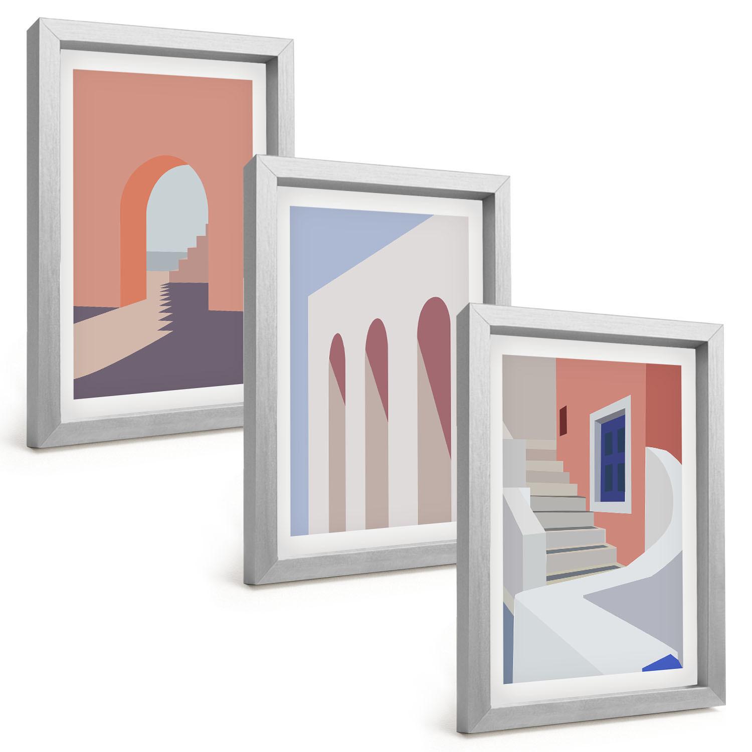 BILDER SET 3er Set - 20x30 cm Silberner Rahmen - Minimalistische Architekturillustrationen - Silberfarben, Kunststoff (20/30cm) - TULUP