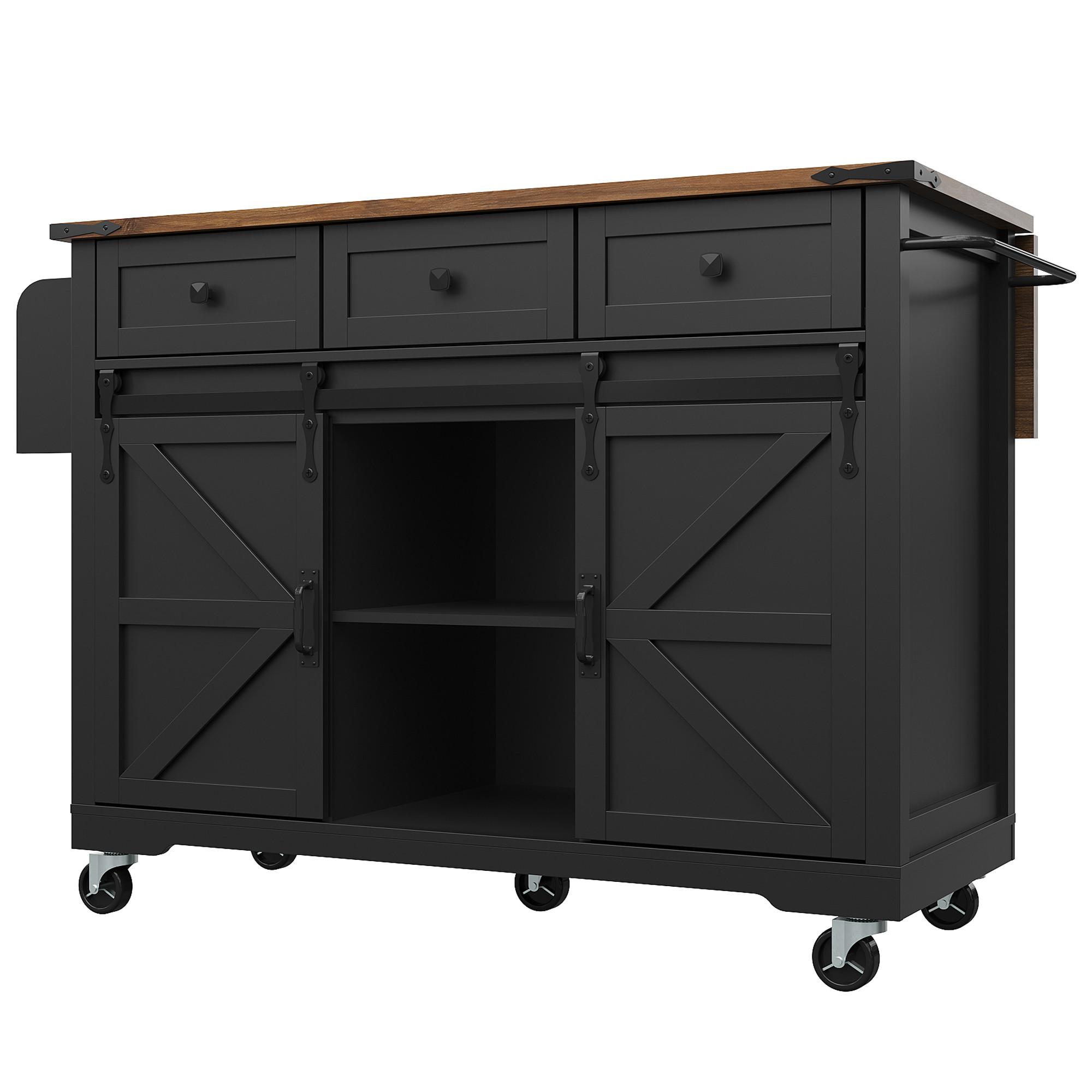 KÜCHENINSEL Schwarz mit Klapptisch, Schiebetüren & Rollen - Schwarz, Holzwerkstoff (140/94/45cm) - Urban Meuble