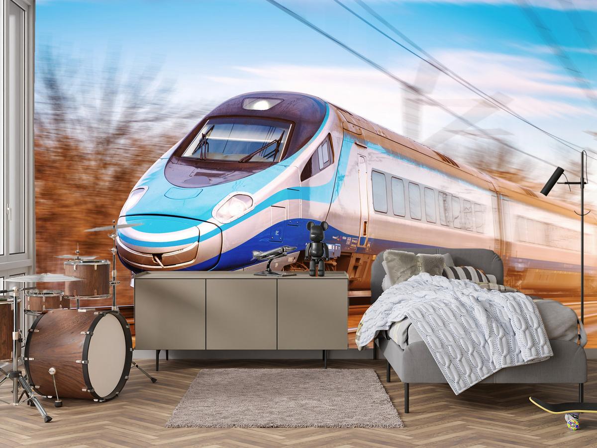 FOTOTAPETE für Wohnzimmer Moderner Zug Eisenbahnschienen 400x280 - Blau/Schwarz, Papier (400/280cm) - Muralo