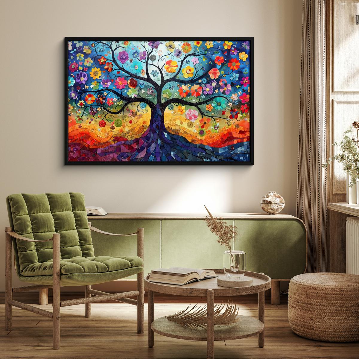 POSTER MIT RAHMENGERAHMTES BILD Kunst - Baum des Lebens - Blumen - Hippie 120x80 cm - Dunkelblau, Papier (120/80cm) - MuchoWow