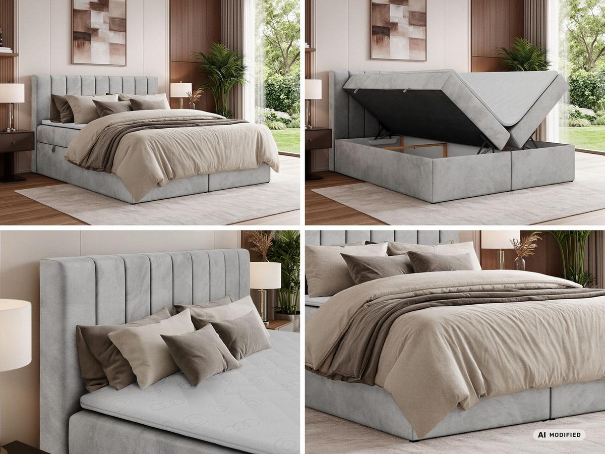 BOXBETT ALVER 140/200 - Hellgrau Velvet - Topper T25 - H3 - Hellgrau/Schwarz, Kunststoff/Textil (140/200cm) - MKS