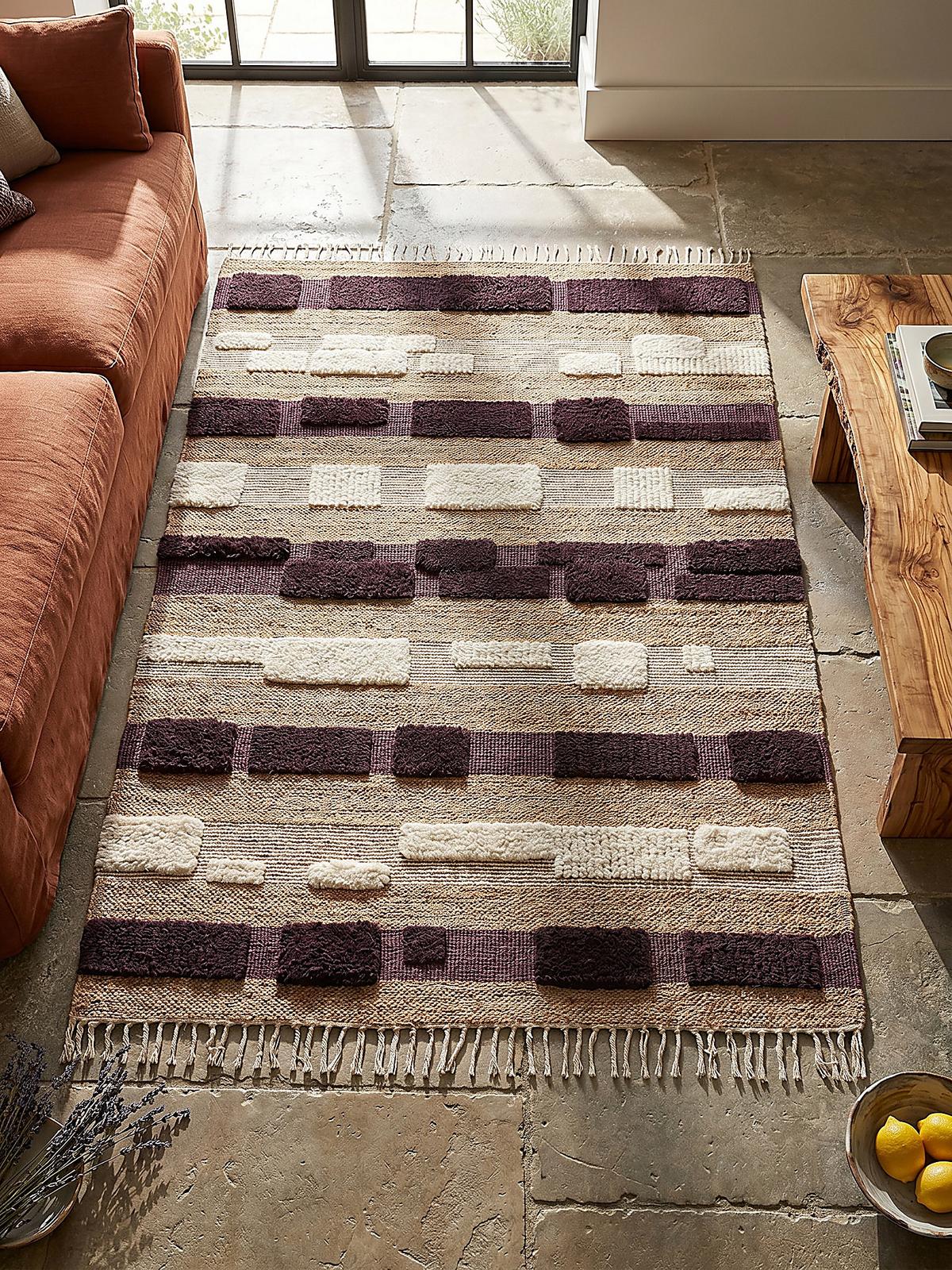 JUTETEPPICH handgewebt mit Fransen WHARFE, im Patchwork-Stil, Natur-Lila, 120 x 170 cm - Lila, Textil (170/120cm) - KADIMA DESIGN