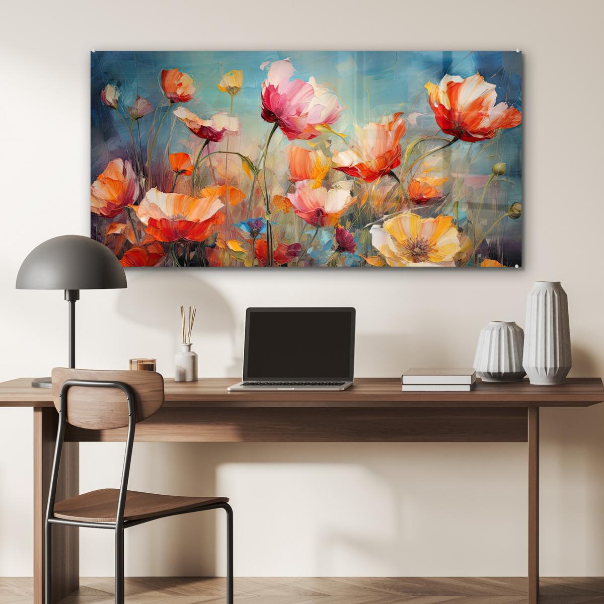 ACRYLGLASBILD Blumen - Aquarell - Kunst - Botanisch - Natur 120x60 cm - Orange, Glas (120/60cm) - MuchoWow
