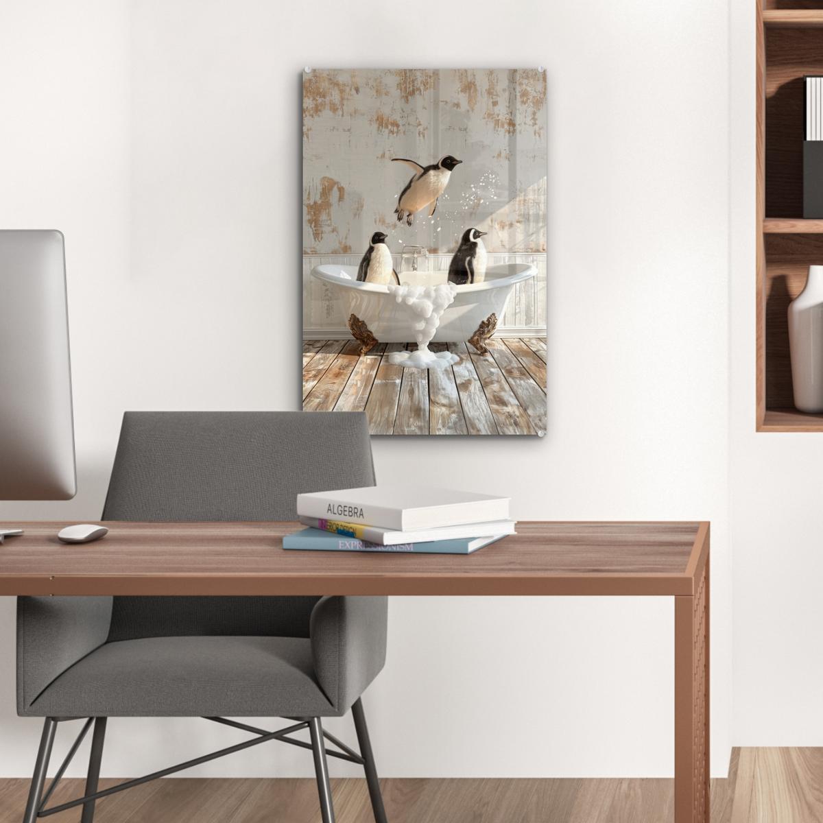 ACRYLGLASBILD Vintage - Pinguin - Badewanne - Schaumstoff Wanddeko Wohnzimmer 40x60 cm - Schwarz, Glas (40/60cm) - MuchoWow